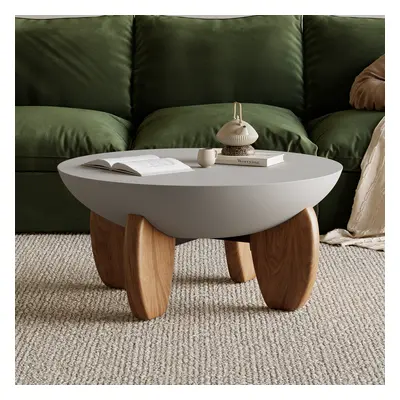 Curva Round Small Modern Gray & Walnut Coffee Table Concrete & Wood Accent Table