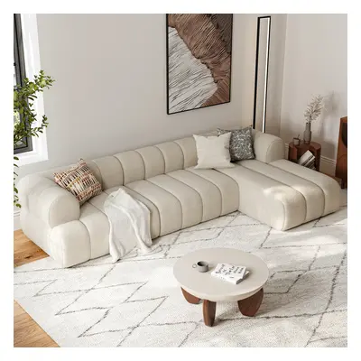 3000mm Channel Sherpa Linen Sectional Sofa & Beige & Walnut Coffee Table Concrete Set