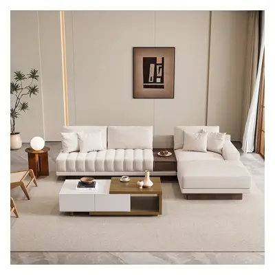 Modular Fabric Sectional Sofa Set with Walnut Coffee Table