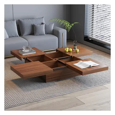 Square Marble Veneer Coffee Table Sliding Top with Storage in Walnut