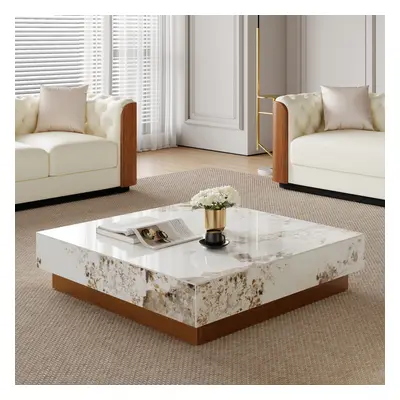 39" Square Sintered Stone Block Coffee Table With Wood Base Modern Off White Living Room Table