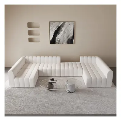 3020mm White Cotton Linen Modular Pit Sectional Sofa Set Convertible 6-Seater