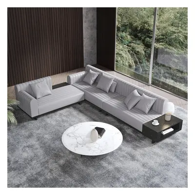 157" Faux Leather L-Shaped Sectional Sofa Modern Light Gray Sectional with Storage Side Table