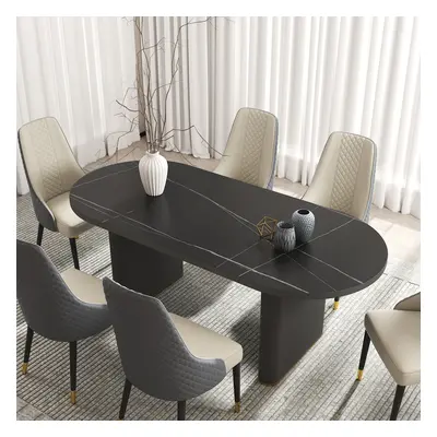 79''-95'' Oval Dining Table Extendable Butterfly Leaf Sintered Stone Top 8-10 Seater Black