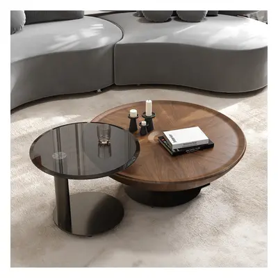 Modern Set Sf 2 Round Coffee Tables In Walnut Finish Made Of MDF And Metal.