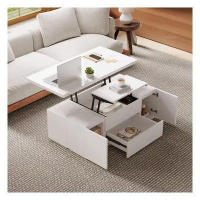 Modern White Lift Top Marble Coffee Table with Drawers & Storage Multifunction Table