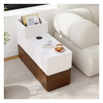 Sintered Stone Top Narrow Smart Side Table with Storage Modern White & Walnut End Table with USB