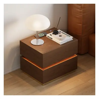 Smart LED Nightstand Wireless Charging Station Wood Bedside Table with Light Modern Set of 2