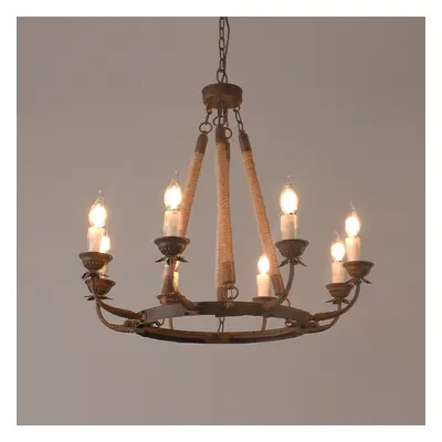 Candlely Rustic Flaxen Hemp Rope & Metal 8-Light Round Candelabra Chandelier in Rust