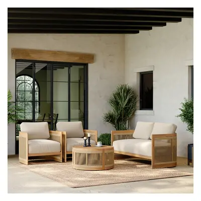 4PCS Teak Outdoor Sofa Set Boho Yard & Patio Furniture for 4 Person in Beige & Brown Cushion & P