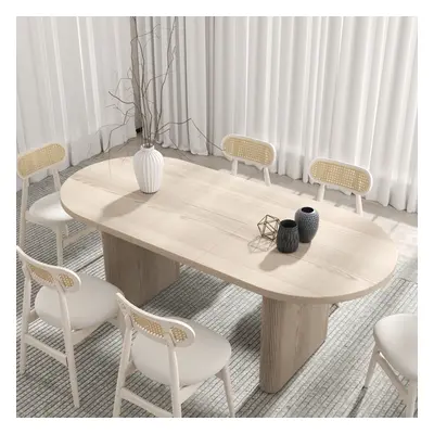 Oval Extendable Dining Table Set 63"-79" Whitewash Dining Table & 6 Wood Rattan Dining Chairs