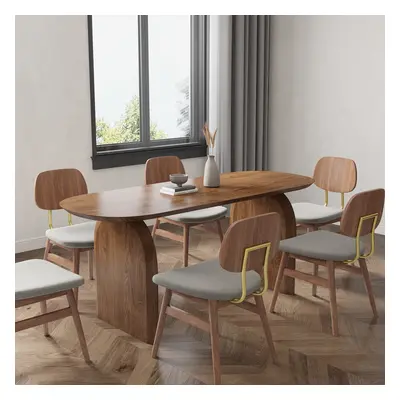 Oval Dining Table & Mid-Century Walnut 6 Dining Room Chairs Set Upholstered Solid Wood Top