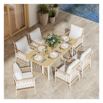 7 PCS Woven Rope Outdoor Dining Set Boho Style Yard & Patio Furniture for 4-6 Person in Khaki & 