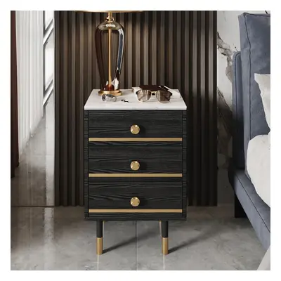 Modern Black Nightstand White Faux Marble Top Bedside Cabinet with 3 Drawers in Gold