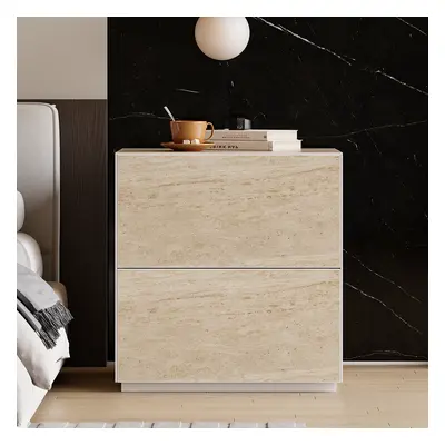 Modern 600mmW Faux Travertine Nightstand 2 Drawer Bedside Table