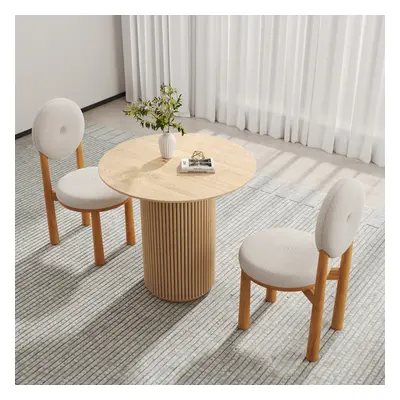 Round Small Dining Table & White Boucle 2 Dining Chairs Set Natural Wood Legs