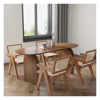 Dining Table Set 70.9" Oval Solid Wood Dining Table & 4 Walnut Japandi Rattan Dining Chairs