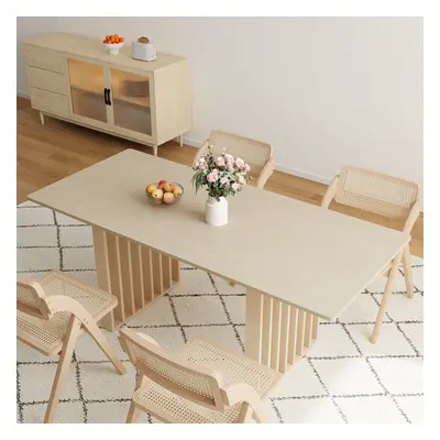 Japandi Extendable Whitewash Dining Table & 4 Dining Chairs Set Folding Rattan