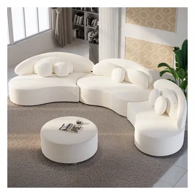 Modern 7 Seat Sectional Sofa Curved Modular White Boucle Upholstered with Ottoman