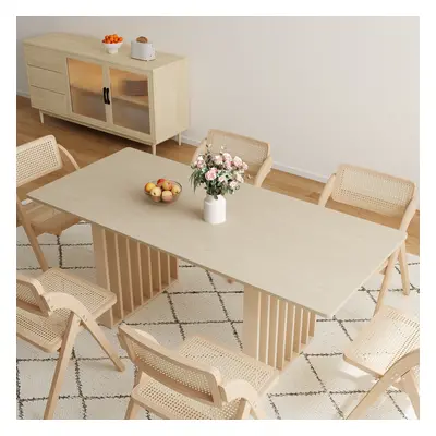 Japandi Extendable Whitewash Dining Table & 6 Dining Chairs Set Folding Rattan