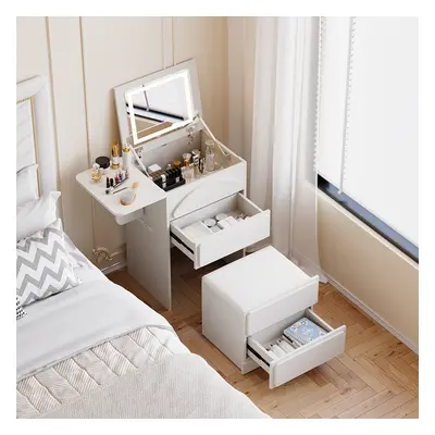 Modern Flip Top White Makeup Vanity Set with Charging Station Mini Dressing Table with Stool