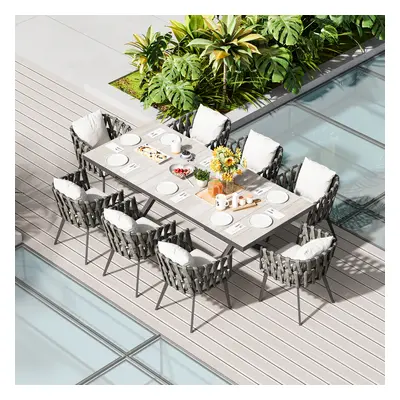 9-PCS Extendable Outdoor Dining Set with Ceramic Top Table Woven Armchairs, Patio & Yard Extenda