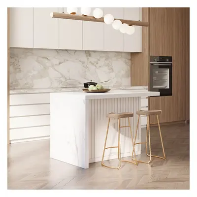 50" Large Kitchen Island Marble Veneered Top with Storage White Kitchen Cabinet