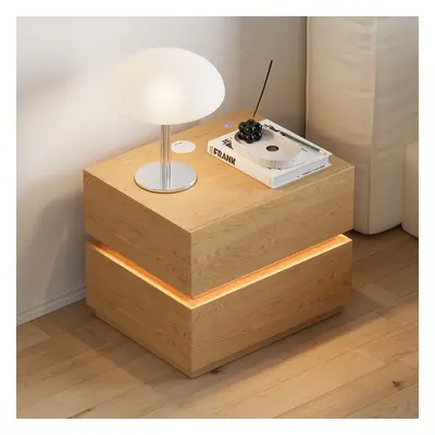 Smart LED Natural Nightstand Wireless Charging Station Wood Bedside Table with Light Modern Set 