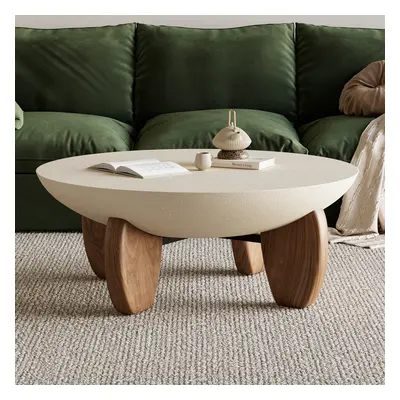 Curva Round Small Modern Beige & Walnut Coffee Table Concrete & Wood Accent Table