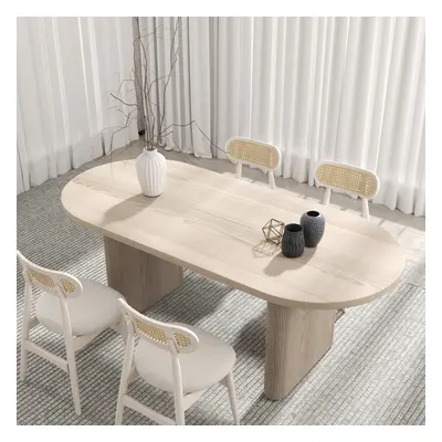 Dining Table Set 63"-79" Oval Extendable Whitewash Dining Table & 4 Wood Rattan Dining Chairs