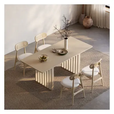 Dining Table Set 55"-87" Rectangle Extendable Whitewash Dining Table & 4 Wood Rattan Dining Chai