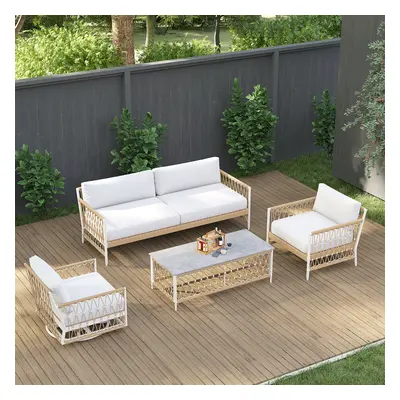 Ropipe 4-Pieces Woven Rope Outdoor Sectional Sofa Set in Khaki & White For 4