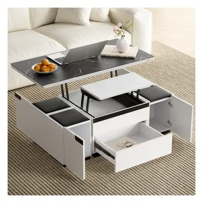 Modern White Lift Top Marble Coffee Table with Drawers & Storage Multifunction Table