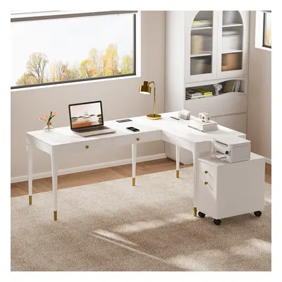 L Shaped Executive Office Desk with Adjustable Standing Desktop White Office Furniture Right Han