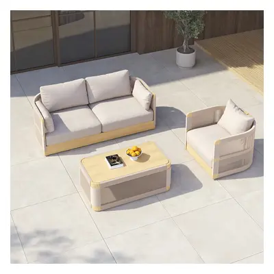 3-Pieces Modern Aluminum & Rope Outdoor Swivel Sofa Set with Coffee Table in Khaki for 4