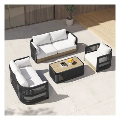 4 PCS Modern Aluminum & Rope Outdoor Swivel Sofa Set with Coffee Table in Black for 6 People, Mo