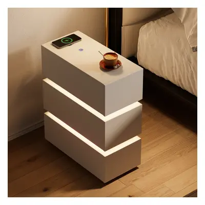 Narrow Smart 3-Drawer Nightstand with Charging Station Bedside Table with Light in White