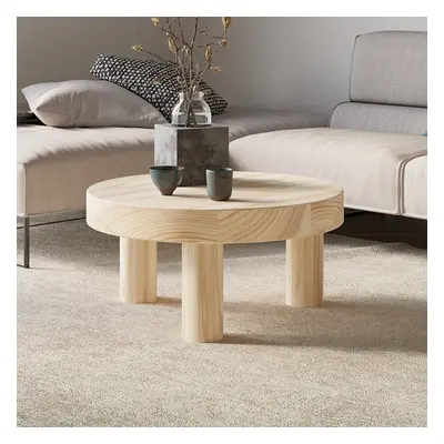 Threeens 600mm Round Natural Pine Wood Coffee Table Center Table for Living Room