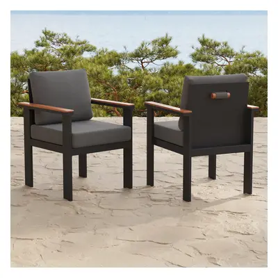 2 PCS Acacia & Aluminum Outdoor Dining Chair Modern Yard & Patio Furniture in Gray Cushion & Pil