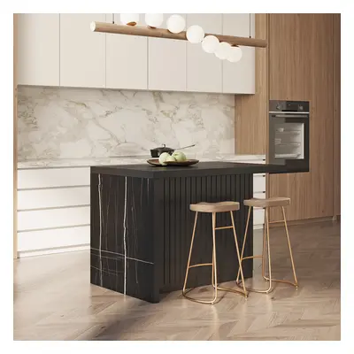 1270mm Large Black Kitchen Island with Storage Kitchen Cabinet Marble Veneered Top