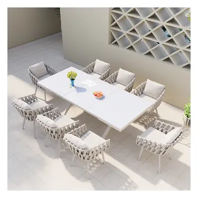 9-Pieces Extendable White Marble Outdoor Dining Set with Woven Armchairs (1630mm-2140mm)