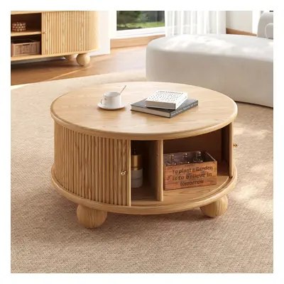 Ash Solid Wood Mid Century Modern Round Coffee Table with Storage