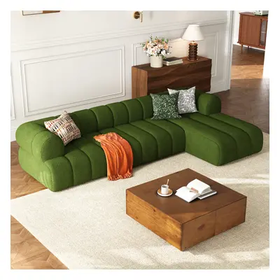 3000mm Channeled 3-Piece Green Boucle Sectional L-Shaped Sofa with Chaise