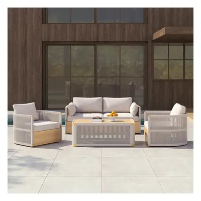 4 PCS Modern Aluminum & Rope Outdoor Swivel Sofa Set with Coffee Table in Khaki for 4 People, Mo