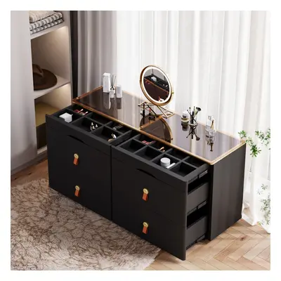 1200mmW Modern Glass Black Dresser 6 Drawer Closet Island with Jewelry Display Storage