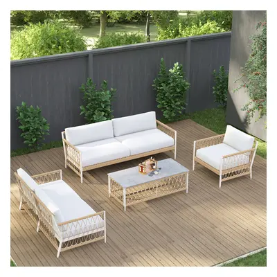 Ropipe 4-Pieces Woven Rope Outdoor Sectional Sofa Set in Khaki & White For 6