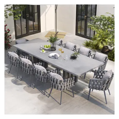 11 Pieces Gray Aluminum Outdoor Patio Dining Set with Extendable Table and Woven Armchai