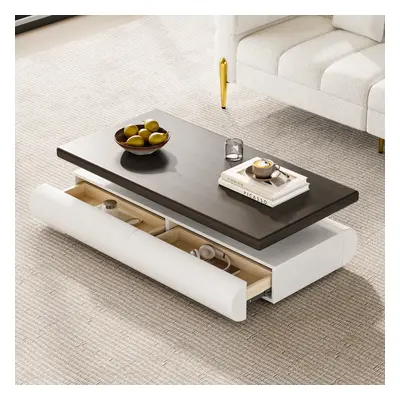 Modern wooden coffee table in white and walnut color, rectangular living room table with storage