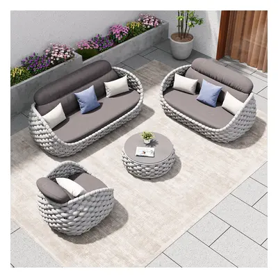 4 PCS Woven Rope Outdoor Sectional Sofa Set Mordern Yard & Patio Furniture for 6 Person in Gray 