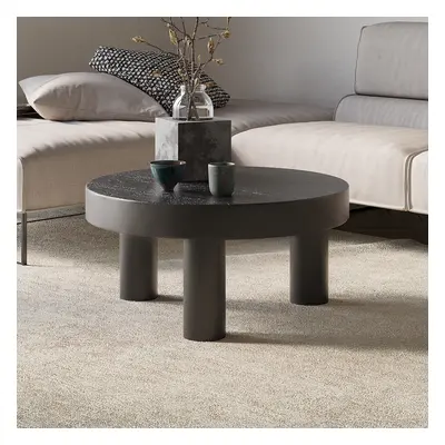 Threeens 600mm Round Black Pine Wood Coffee Table Center Table for Living Room